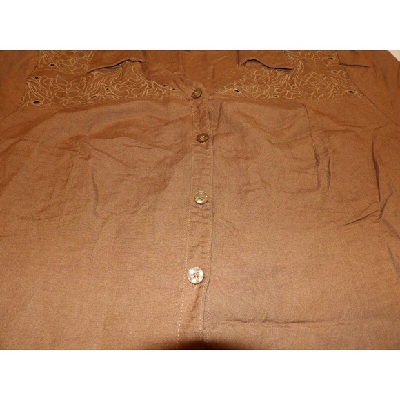 Maggie Barnes 3X 26/28 Shirt Blouse Top Linen Brown Button Up Casual Embroidered - Picture 5 of 11